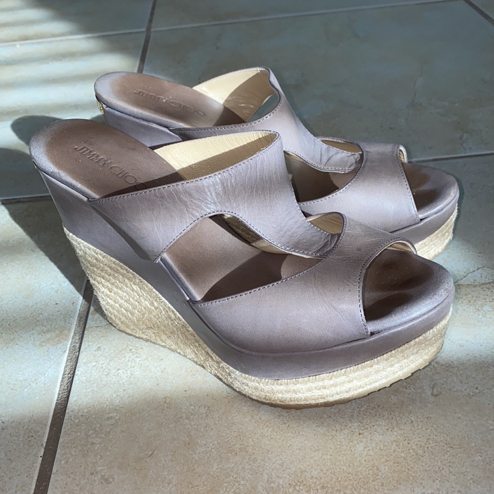 Jimmy Choo Leather Top Wedge Sandal Grey size 39